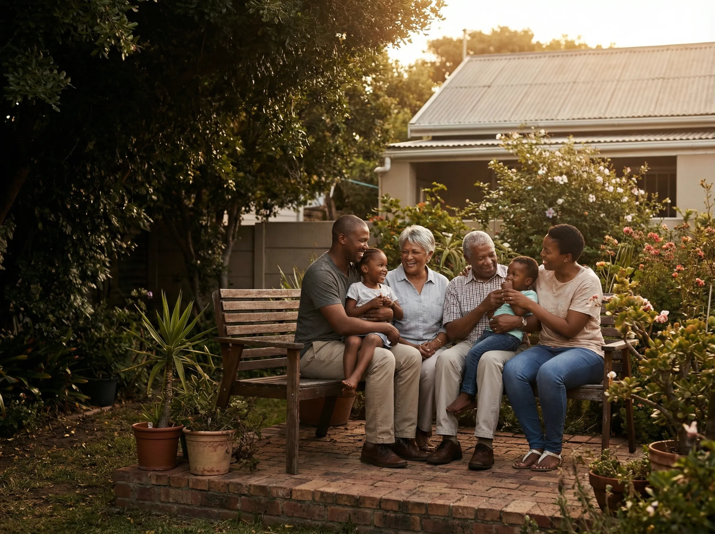 A family laughing together in their garden
